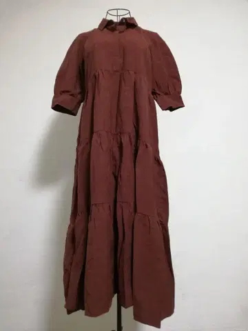 브라운 셔츠 원피스 반팔 티어드