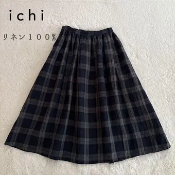 ichi 이치 린넨 타탄 체크 플레어 스커트 롱 스커트