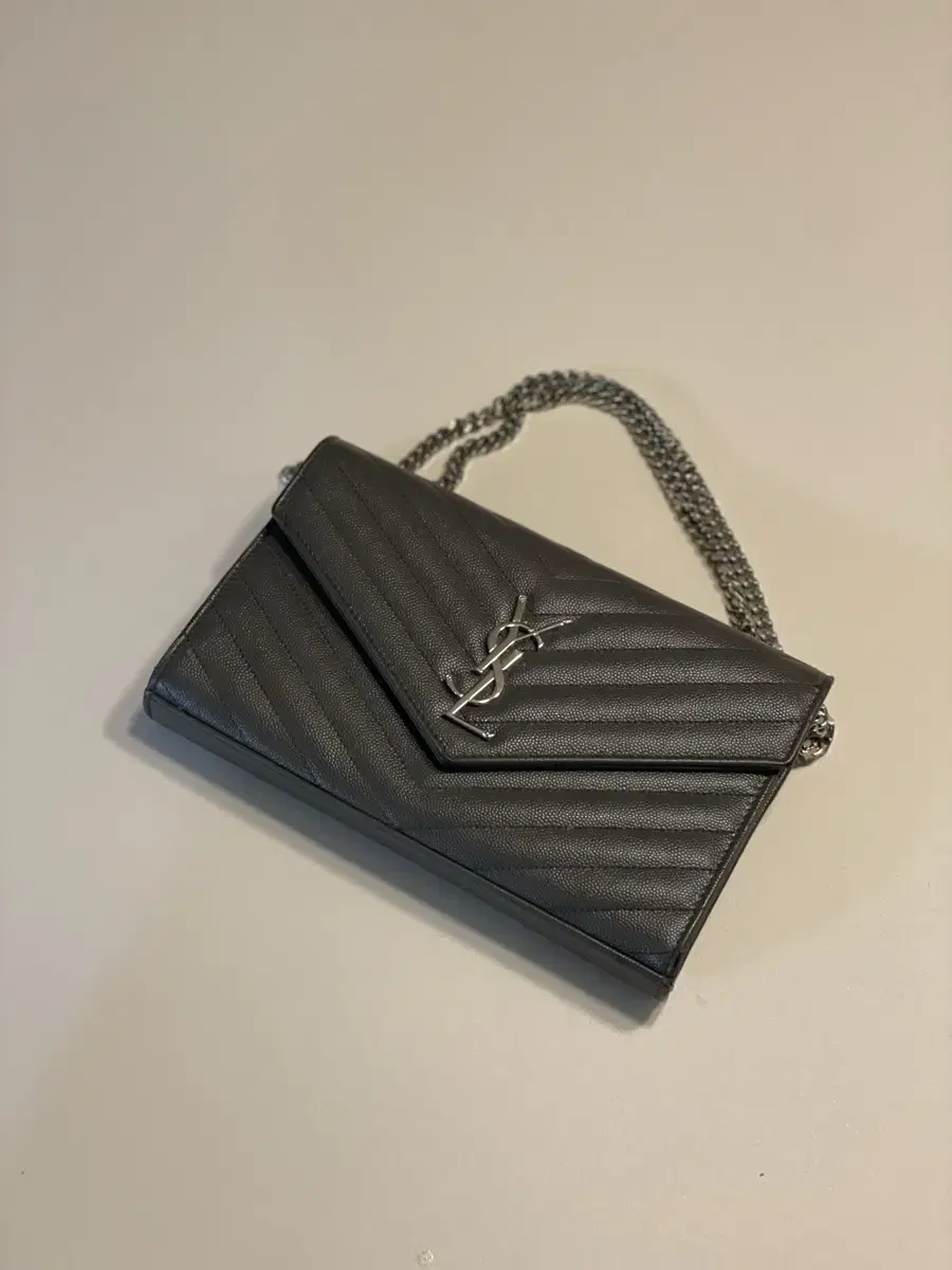 Saint Laurent Envelope Chain Wallet Silver Hardware Gray Caviar