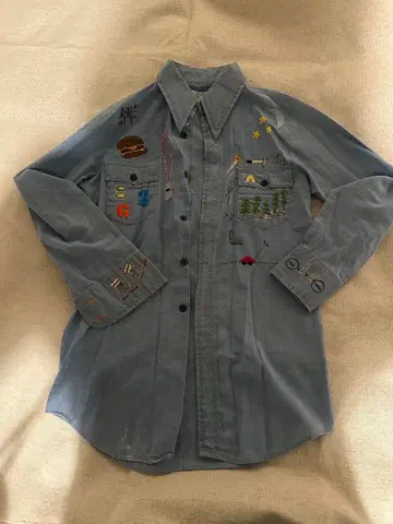 JCPenny 70s 자수 라이트 블루 데님 셔츠