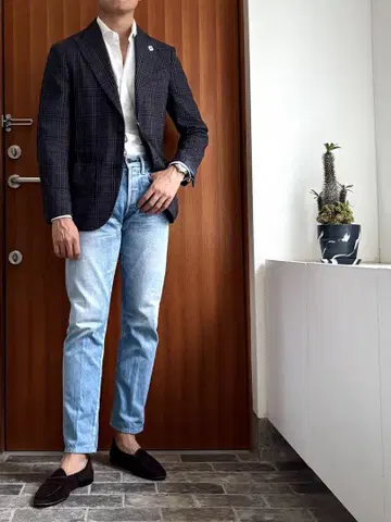 미사용 lardini 라르디니 린넨 혼방 자켓 46 그레이 계열 체크