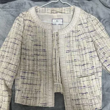 노카라 트위드 자켓 베이지 보라색