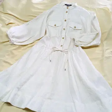 로렌 랄프 로렌 린넨 100% 플레어 원피스 베이지