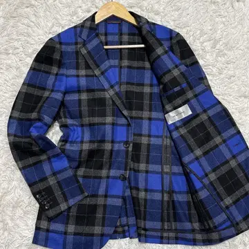 가리아노 후지와라 테일러드 자켓 타탄 체크 언컨 도서 깃털 파랑