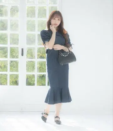 evelyn 에블린 오픈 카라 머메이드 op 데님 퍼프 슬리브