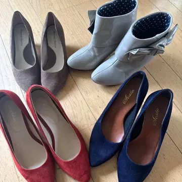 레드 스웨이드 펌프스 와이드 힐 레인 숏 리본 부츠 4종 세트