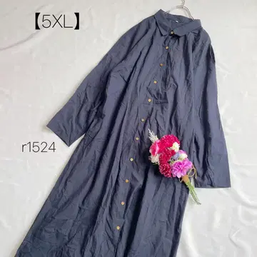 셔츠 원피스 빅 사이즈 빅 루즈 면 100% 롱 네이비 [5XL]