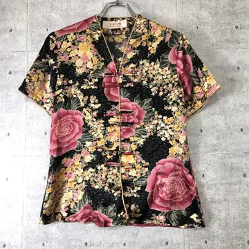 동양인 빈티지 구제 의류 꽃무늬 오리엔탈 V넥 차이나 셔츠