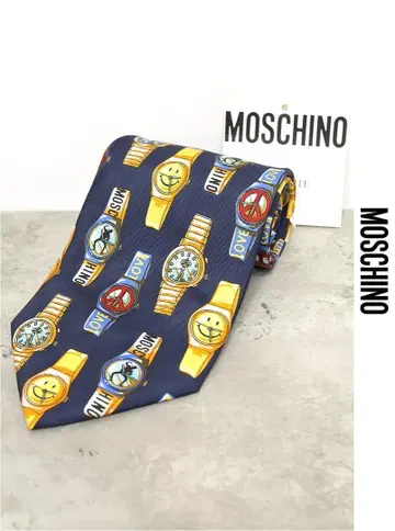 Y101/미사용 모스키노 넥타이 깃 끝 폭 10cm 실크 시계 패턴