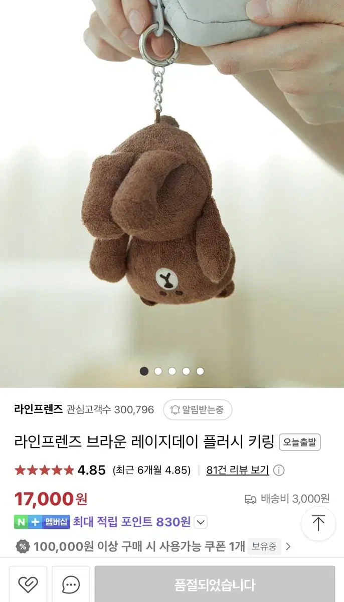 라인프렌즈 브라운 레이지데이 플러시키링 팝니다