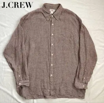 90s J.CREW 거인 택 XL 린넨 셔츠 깅엄 체크 브라운