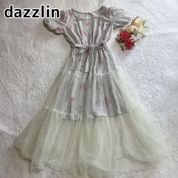 dazzlin 시어 꽃무늬 롱 원피스 튤 벌룬 소매 민트