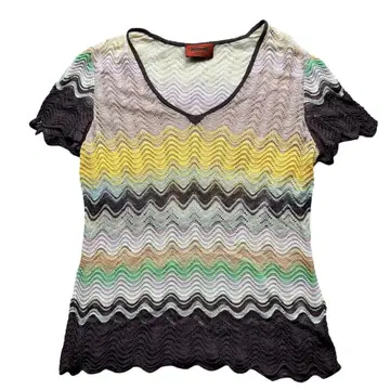 미쏘니 MISSONI 파도 무늬 V넥 시스루 시어한 느낌 티셔츠