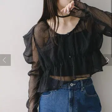 시어 보타이 개더 블라우스 블랙 카스타네