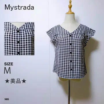 Mystrada 상의 블라우스 반팔 체크 무늬 앞단추 플레어 소매