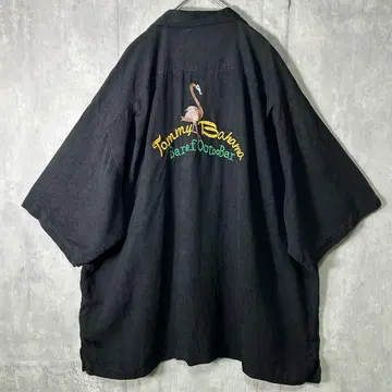 Tommy Bahama 실크 백 자수 올 패턴 알로하 셔츠 플라밍고 블랙