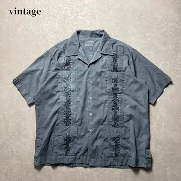 vintage 쿠바 셔츠 반팔 블루 그레이 오픈 카라 자수 구제 의류
