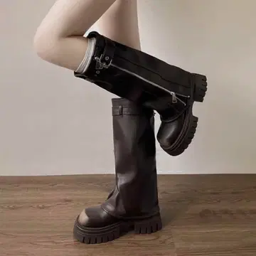 라이딩 부츠 여성용 통굽 롱 라운드토 블랙 24.5cm