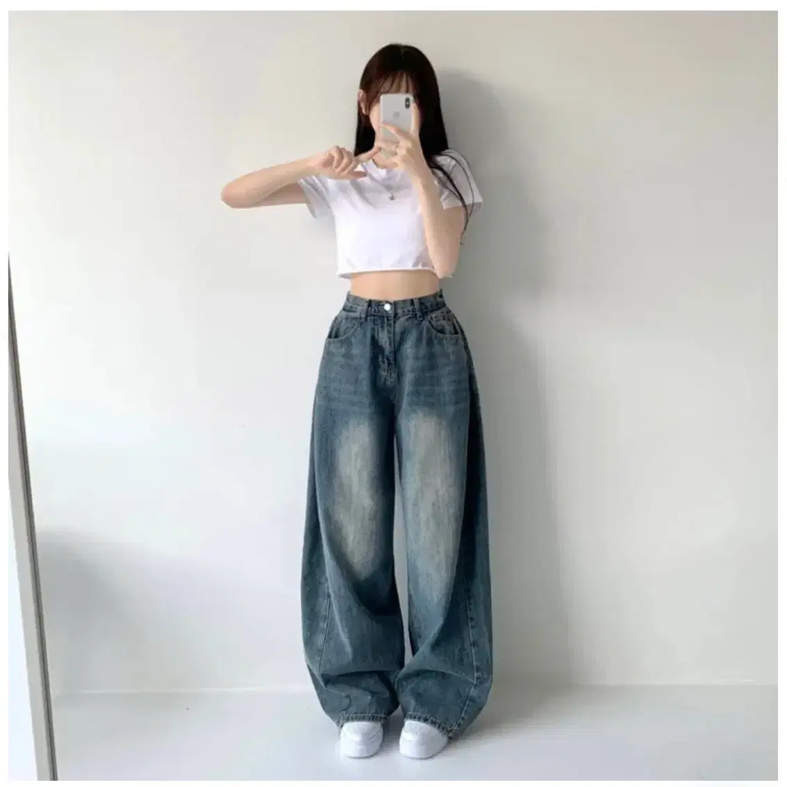 【MODIMOOD】SIDE PINTUCK WASHING DENIM Modimood Washing Side Pintuck Wide Pants (Dark Black/M) on