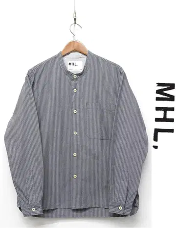 A406/MHL. 긴팔 셔츠 밴드 카라 스트라이프 가슴 포켓 M 네이비