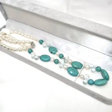 새상품급 SV925 터키석 블루 토파즈 담수 진주 목걸이 약 62cm