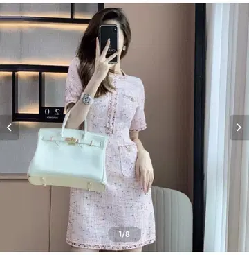 핑크 계열 트위드 반팔 미니 원피스