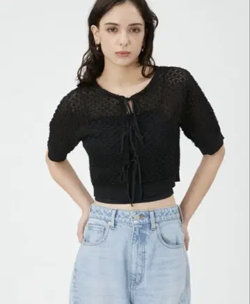 1405FRAY I.D 블랙 크롭 기장 시어 가디건 반팔 볼레로