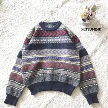 미츠미네 올 패턴 스웨터 M 남성용 울 100 보더 MITSUMINE
