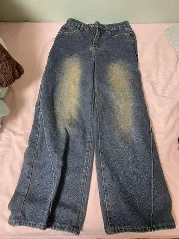 와이드 레그 데님 팬츠 다크 블루 데님 데미지 가공 빈티지 가공