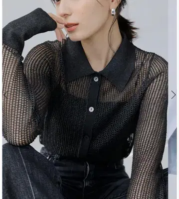 anuans 아누앙스 라메 메쉬 니트 폴로 셔츠 차콜 그레이