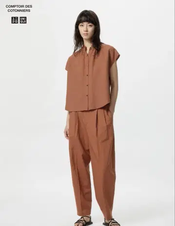 유니클로 린넨 블렌드 배럴 레그 팬츠 오렌지 S