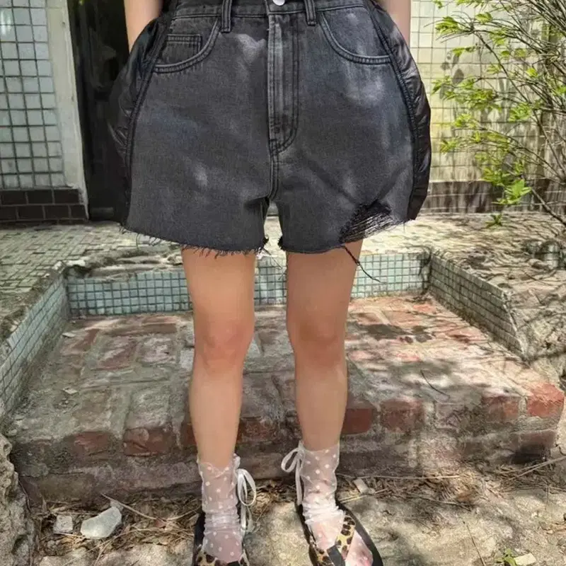 (새상품) 구제 빈티지 믹스 데님 오버핏 반바지 팬츠