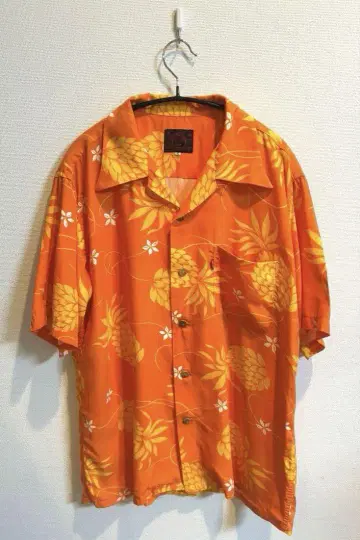 EVISU 오렌지 파인애플 패턴 알로하 셔츠 size40