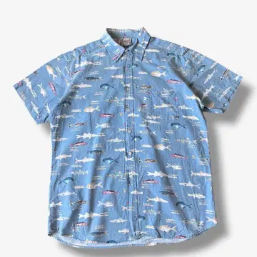 MAUI 체크 무늬 물고기 무늬 반팔 셔츠