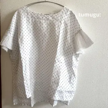 tumugu:  린넨 반팔 셔츠 블라우스 린넨 이소재 도트