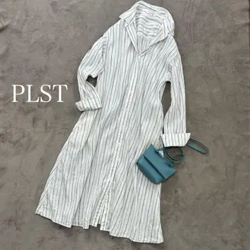 PLST 롱 셔츠 원피스 A 라인 스트라이프 린넨 린넨 편안한 세탁 가능