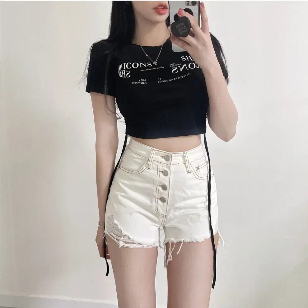 (1회 착용)크롭 셔링 반팔