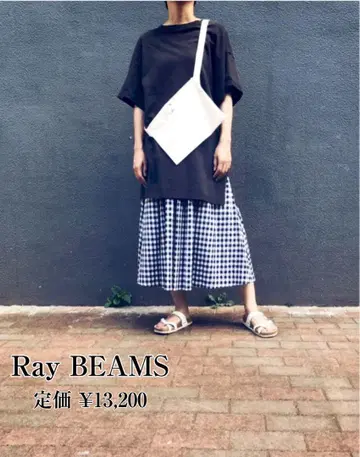 Ray BEAMS 코튼 체크 턱 개더 스커트 플레어 실루엣