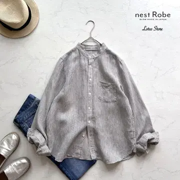 nest Robe(네스트로브) 밴드 카라 스트라이프 린넨 셔츠