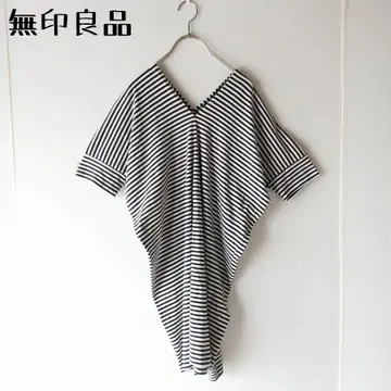 무인양품 티셔츠 반팔 V넥 면 100% 보더 오프숄더 원피스