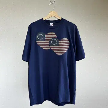 90s USA제 네이비 반팔 티셔츠 하트 무늬 성조기 XL 빈티지