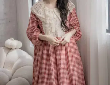 마이크로 옷장! 레이스 카라 부착 빨흰 깅엄 체크 원피스