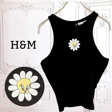 H&M 탱크탑 트위티 프린트 [F] 블랙 코튼 리브