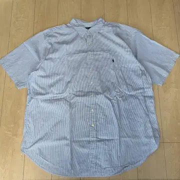 90s 랄프 로렌 3XL 자수 로고 스트라이프 반팔 셔츠 스카이블루