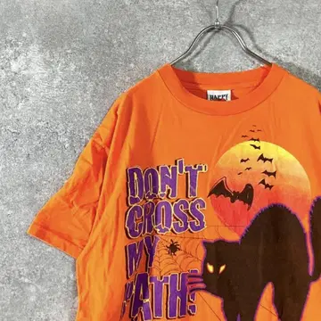 HAPPY HALLOWEEN 티셔츠 고양이 오렌지 싱글 스티치