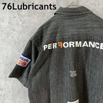 76 Lubricants 블랙 데님 셔츠 반팔 M 남성용 와펜 자수
