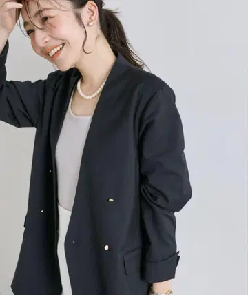 러브틱 모자 꽁지 노카라 더블 자켓 네이비