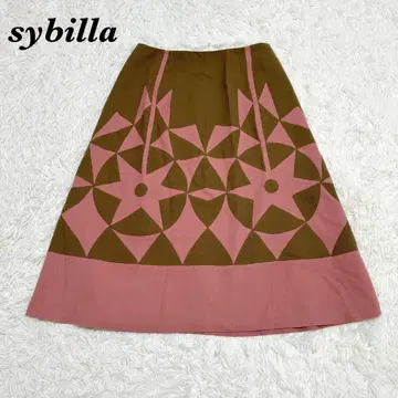 새상품급 sybilla 패치워크 스커트 기하학 M 핑크 카키