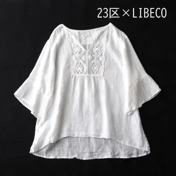 23구 LIBECO 리베코 레이스 절개 린넨 풀오버 셔츠 화이트