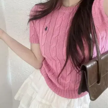 폴로 랄프 로렌 핑크 반팔 케이블 니트 S